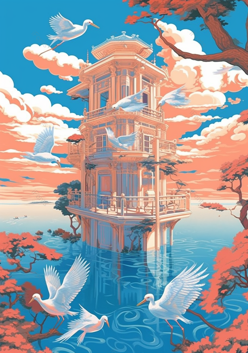 蓝天白云下的水中楼阁平楼飞鸟飞过,插画/手绘图,插画/手绘图库,插画/手绘图下载,插画/手绘